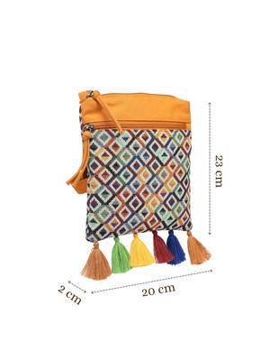 mustard canvas sling bag with geometric design 5