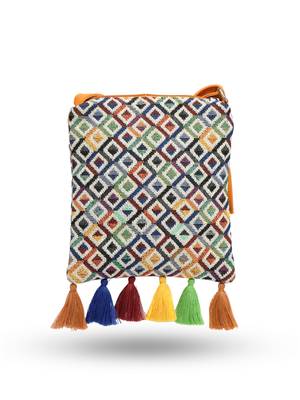 mustard canvas sling bag with geometric design 6