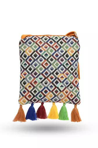 mustard canvas sling bag with geometric design