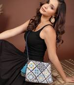 Anekaant tile trip navy canvas geometric printed sling bag