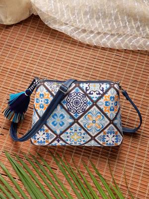 blue canvas sling bag with geometric print 3