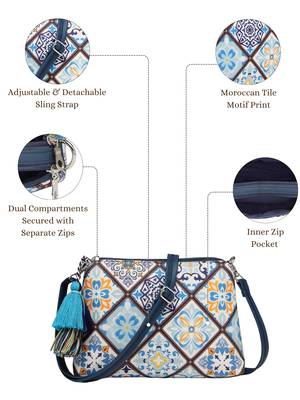 blue canvas sling bag with geometric print 4