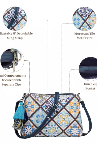 blue canvas sling bag with geometric print