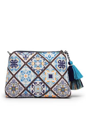 blue canvas sling bag with geometric print 6