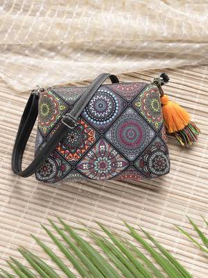 black canvas sling bag with mandala print 1