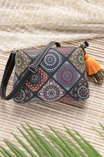 Anekaant tile trip black canvas geometric printed sling bag