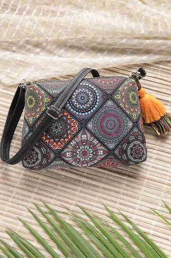 Anekaant tile trip black canvas geometric printed sling bag