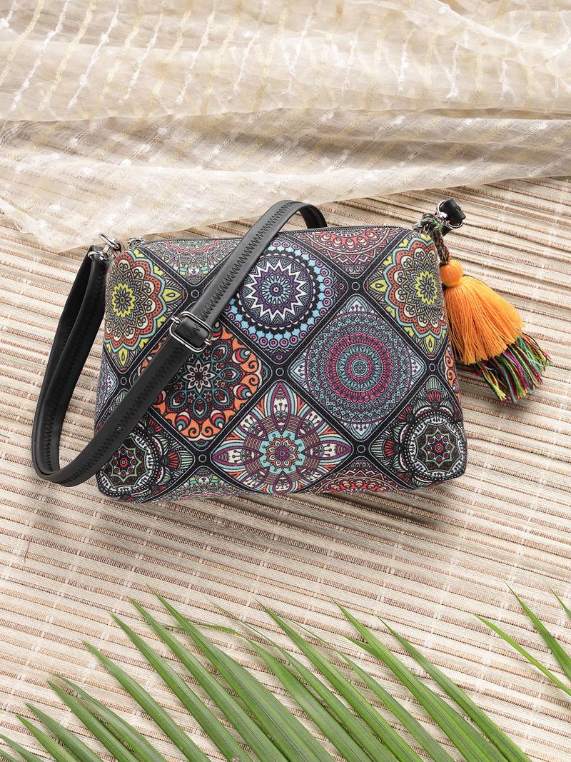Anekaant tile trip black canvas geometric printed sling bag
