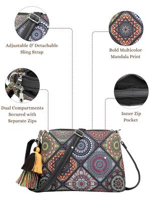 black canvas sling bag with mandala print 4