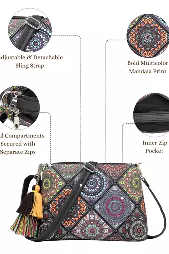 black canvas sling bag with mandala print