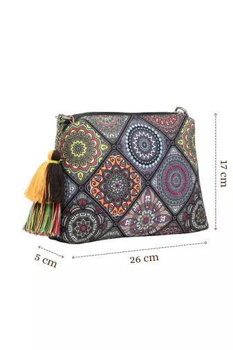 black canvas sling bag with mandala print