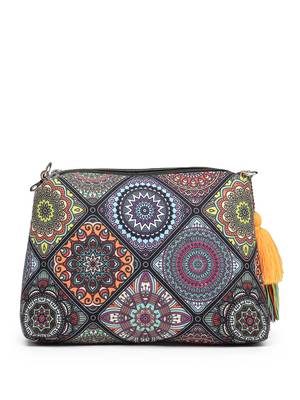 black canvas sling bag with mandala print 6