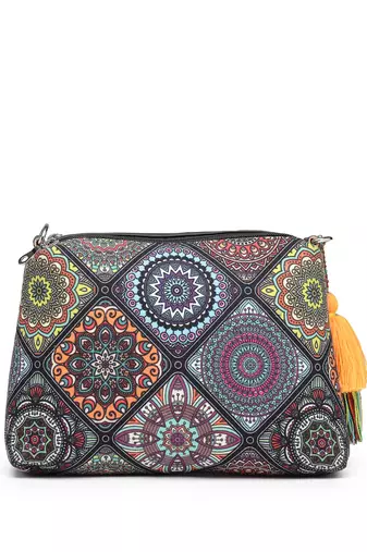 black canvas sling bag with mandala print
