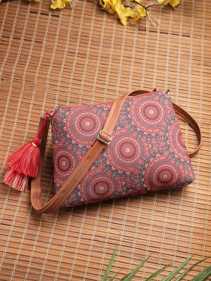red canvas sling bag with mandala print 1