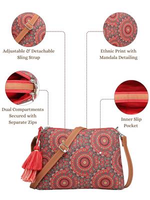 red canvas sling bag with mandala print 4