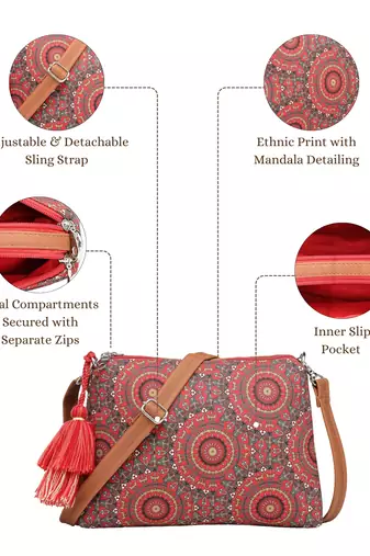 red canvas sling bag with mandala print
