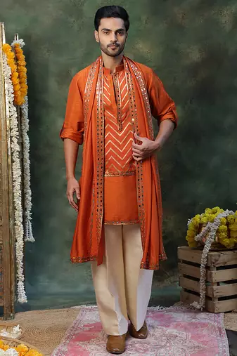 Rust orange embroidered silk kurta set