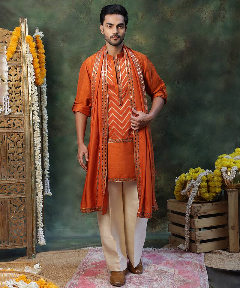 Rust orange embroidered silk kurta set