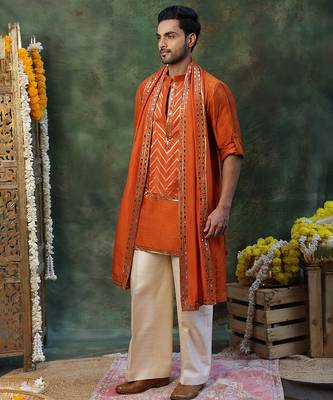 Rust orange embroidered silk kurta set 2