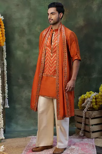Rust orange embroidered silk kurta set
