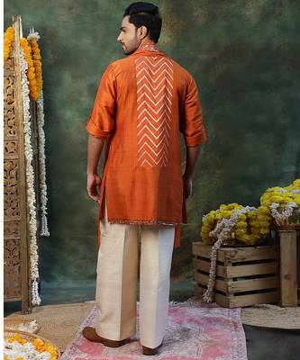Rust orange embroidered silk kurta set 3