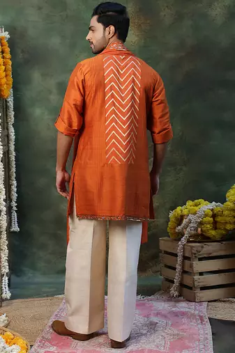 Rust orange embroidered silk kurta set