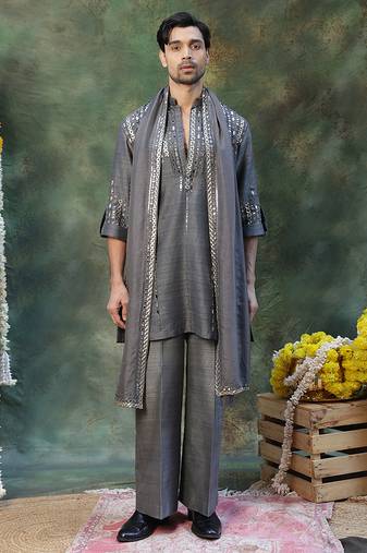 Grey embroidered silk kurta set