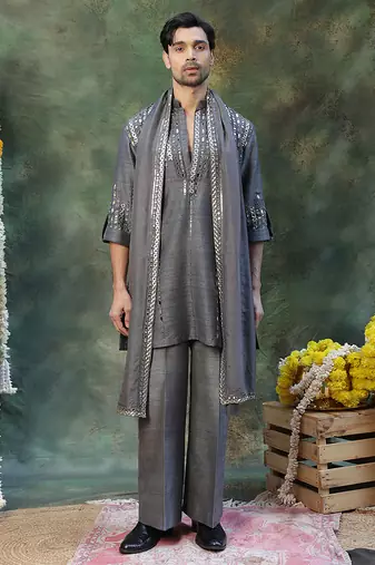 Grey embroidered silk kurta set