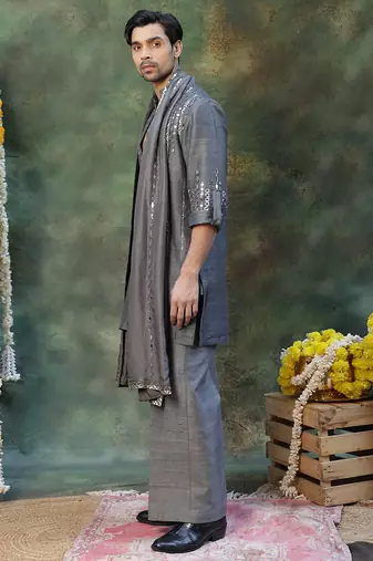 Grey embroidered silk kurta set