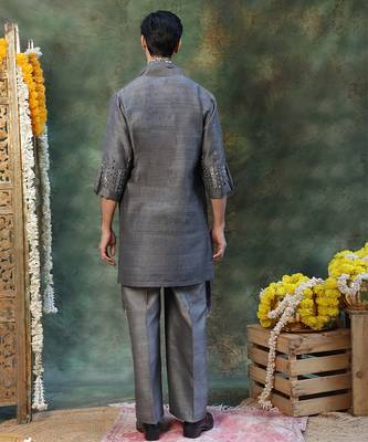 Grey embroidered silk kurta set 3
