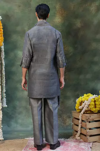Grey embroidered silk kurta set