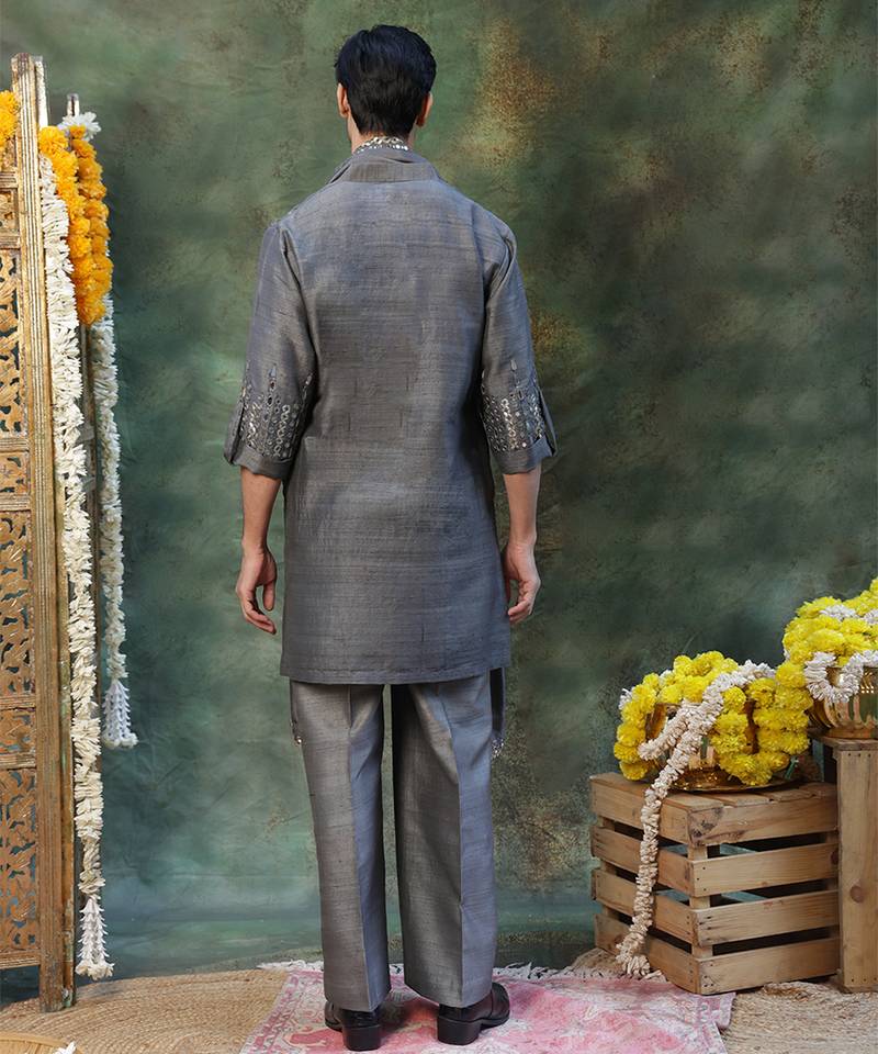 Grey embroidered silk kurta set