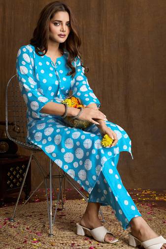Sky blue printed cotton blend kurta pant set