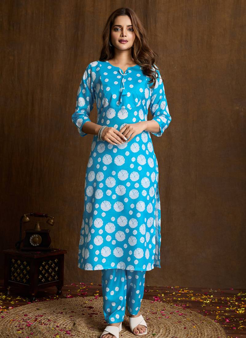 Sky blue printed cotton blend kurta pant set