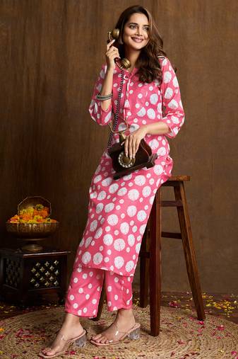 Light pink printed cotton blend kurta pant set