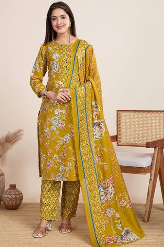 Yellow printed cotton blend festival wear salwar suit