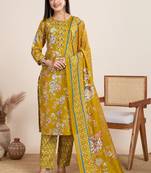 Yellow printed cotton blend festival wear salwar suit