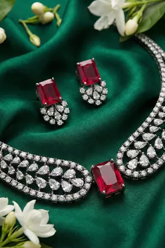 Red american diamond necklace set | cz crystal party wear jewelry for women