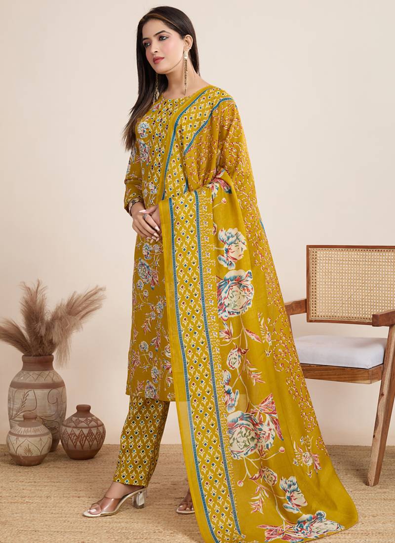 Yellow printed cotton blend festival wear salwar suit