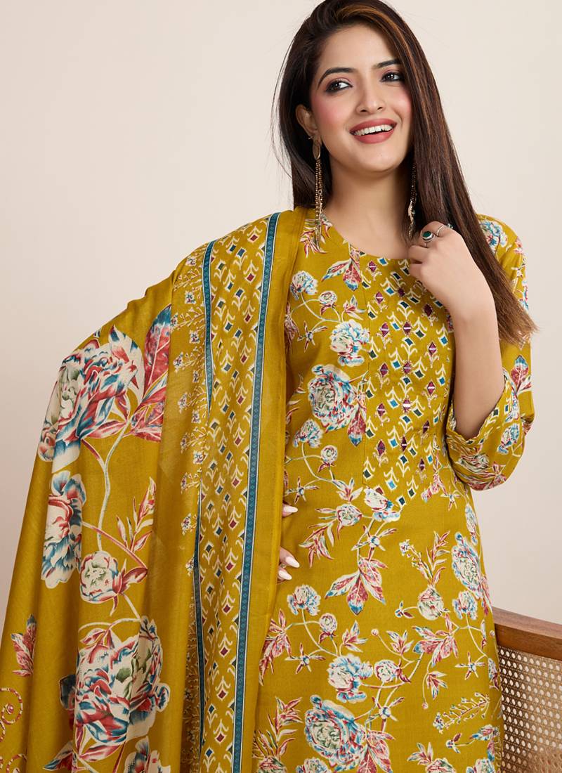 Yellow printed cotton blend festival wear salwar suit
