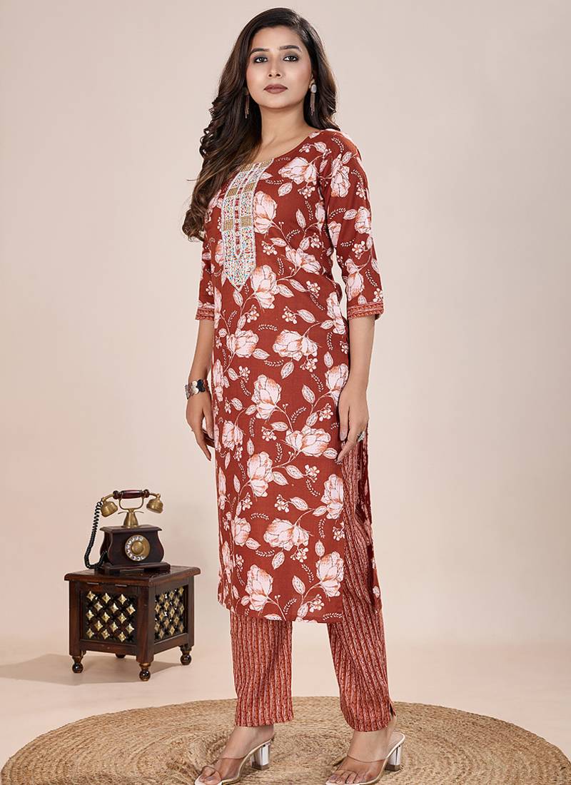 Orange  printed cotton blend kurta pant set
