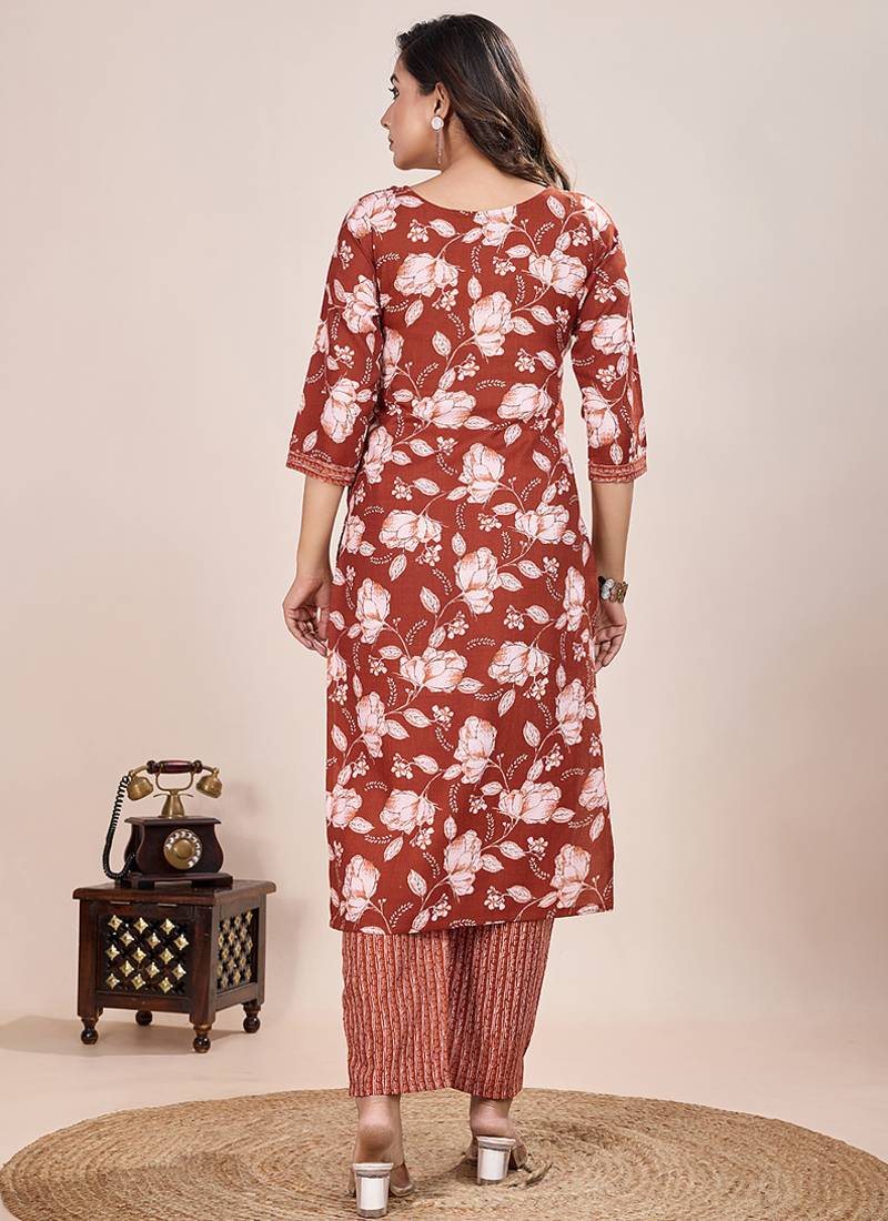 Orange  printed cotton blend kurta pant set