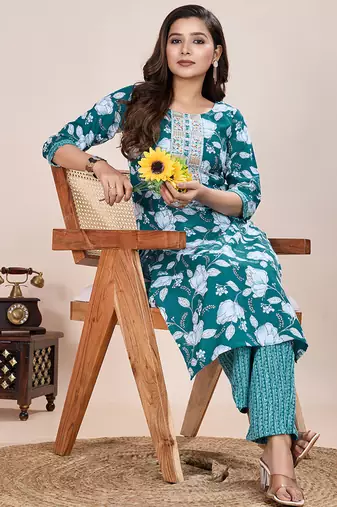 Turquoise printed cotton blend kurta pant set
