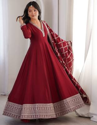 maroon vichitra silk anarkali gown with embroider 1