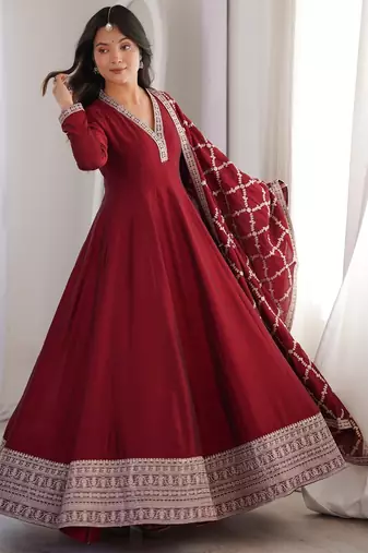 Heavy blooming vichitra silk full flare anarkali gown with dupatta