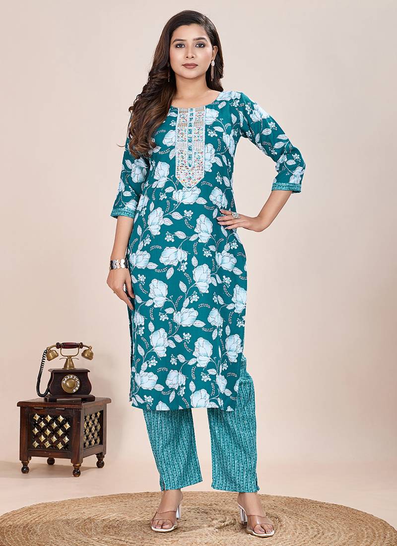 Turquoise printed cotton blend kurta pant set