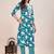 Turquoise printed cotton blend kurta pant set