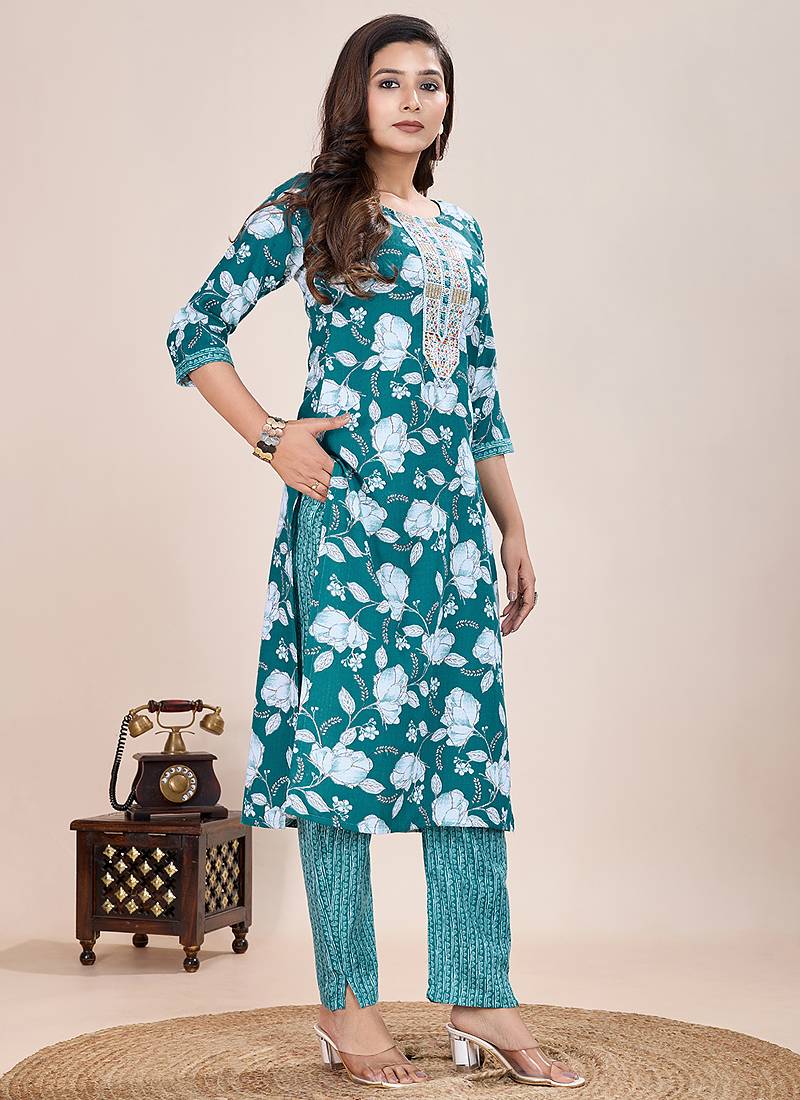 Turquoise printed cotton blend kurta pant set