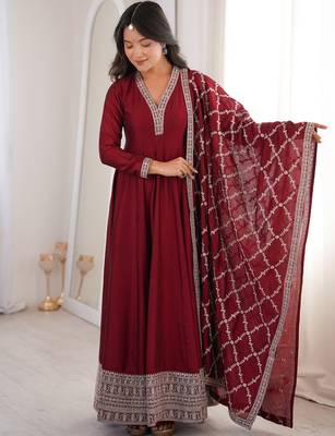 maroon vichitra silk anarkali gown with embroider 2