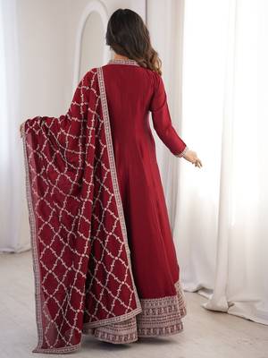 maroon vichitra silk anarkali gown with embroider 3